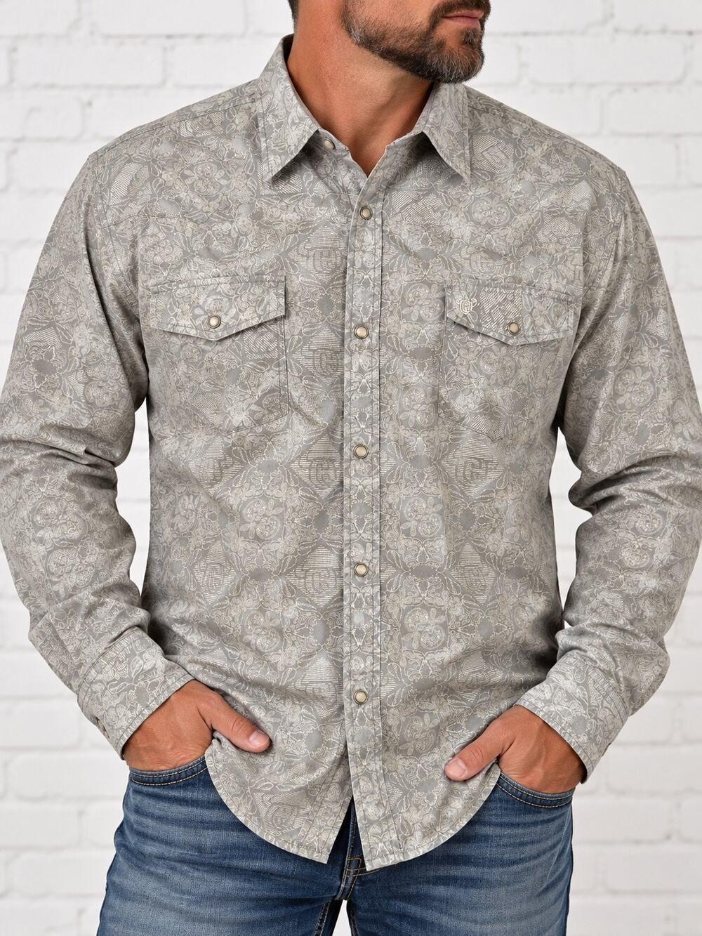 Cowboy Hardware Men XXL Western Shirt Gray Paisley Pearl Snap Long Sleeve Cotton
